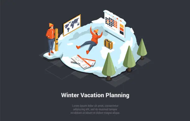 Vector illustration of Family Winter Holidays And Vacations. Man And Woman Imagine Their Future Holidays And Ready To Go On Winter Vacations. Characters Buy Tickets And Skiing Downhill. Isometric 3D Vector Illustration