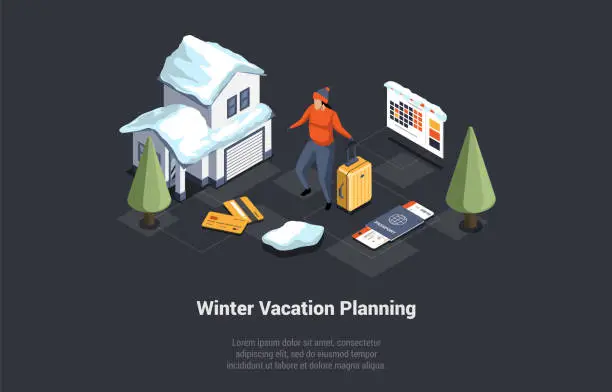 Vector illustration of Winter Holidays, Family Christmas Vacations. Man With Luggage Prepared Passport And Ready To Go On Winter Vacations. Character Book Hotel Online, Paid By Credit Card. Isometric 3D Vector Illustration