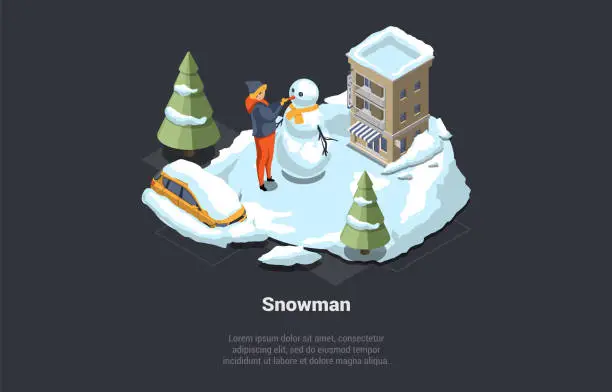 Vector illustration of Winter Holidays, Christmas Vacations. Boy Have Lots Of Fun Making Snowman Near Hotel And Playing With Snow. Winter Active Games, Hiking And Entertainment. Isometric 3D Cartoon Vector Illustration