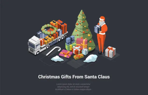 Vector illustration of Winter Holidays, Christmas And New Year. Christmas Gifts From Santa Claus Near Decorated Christmas Tree. Set of Different Gift Boxes On Lorry With Bows And Ribbons. Isometric 3D Vector Illustration