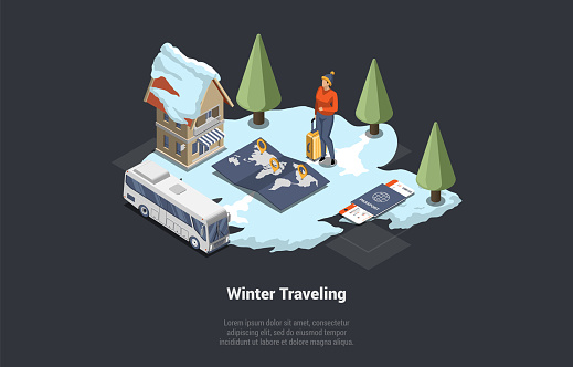 Family Winter Holidays And Winter Traveling. Woman With Suitcase, Passport Ant Tickets Ready To Go On Winter Vacations By Bus. Character Booked Hotel In Mountains. Isometric 3D Vector Illustration.
