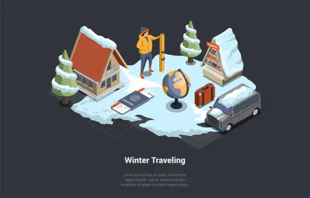 Vector illustration of Family Winter Holidays And Winter Traveling. Mother, Father And Little Child Ready To Go On Winter Vacations By Motorhome Or RV. Characters Book Hotel In Mountains. Isometric 3D Vector Illustration