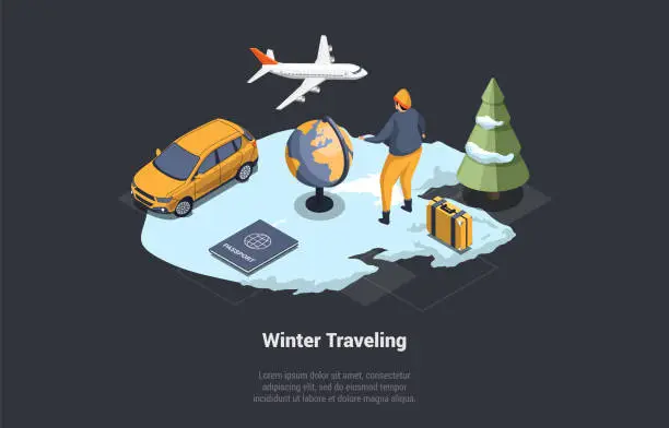 Vector illustration of Family Winter Holidays And Winter Traveling. Woman With Suitcase, Passport Ant Tickets Ready To Go On Winter Vacations By Plane. Character Book Hotel In Mountains. Isometric 3D Vector Illustration