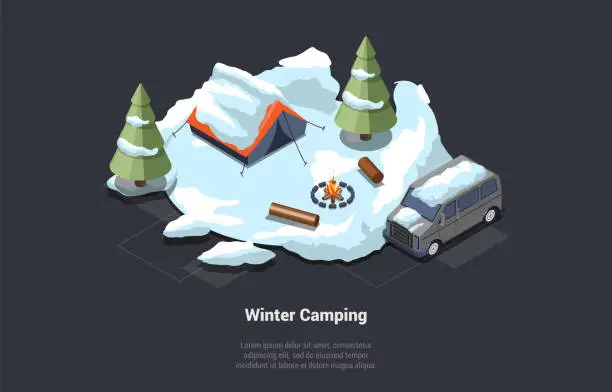 Vector illustration of Adventures, Hiking, Family Traveling, Winter Vacations. Minivan Parked At Motorhome Parking In Mountains. Outdoors Family Travel. Snowy Forest With Tent And Campfire. Isometric 3d Vector Illustration