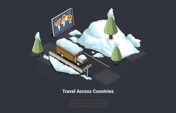 Vector illustration of World Tourism And Travel Across Country. Snowy Bus In Mountains Parked On Parking. Help in choosing best route, parking lots, gas stations, and interesting locations. Isometric 3d Vector Illustration