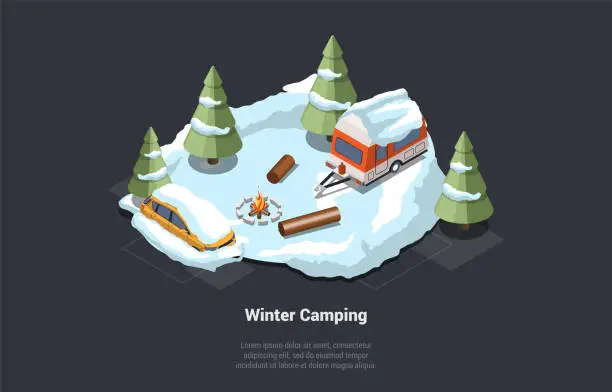 Vector illustration of Adventures, Hiking, Family Traveling, Winter Vacations. Camping Trailer Parked At Motorhome Parking In Mountains. Outdoors Family Travel In Snowy Forest With Bonfire. Isometric 3d Vector Illustration