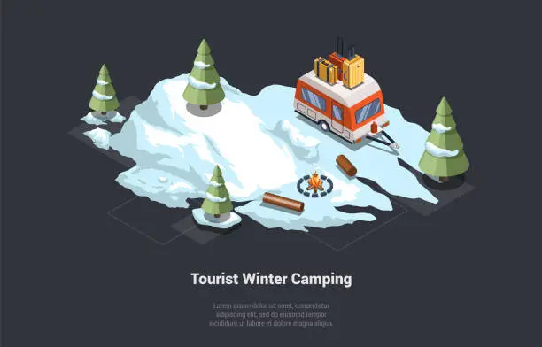 Vector illustration of Adventures, Hiking, Camping, Family Traveling And Winter Vacations. Camping Trailer Parked At Motorhome Parking In Mountains. Outdoor Family Travel In Snowy Forest. Isometric 3d Vector Illustration