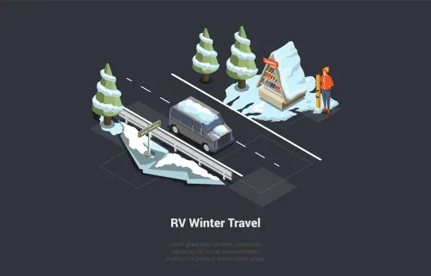 Vector illustration of Resting in Nature And RV Winter Travelling. Camping Trailer Or Minivan Parked At Motorhome Parking In Near Ski Equipment Rental Point. Man Rent Ski To Ride Downhill. Isometric 3d Vector Illustration