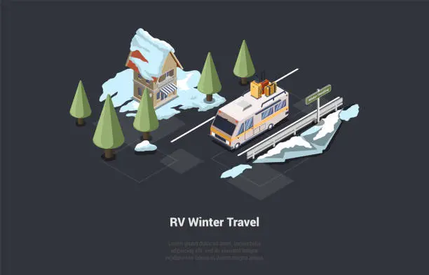 Vector illustration of Resting in Nature And RV Winter Travel. Camping Trailer With Luggage On The Roof Parked At Motorhome Parking In Mountains Near Snowy Hotel. Camper Traveler Journey. Isometric 3d Vector Illustration