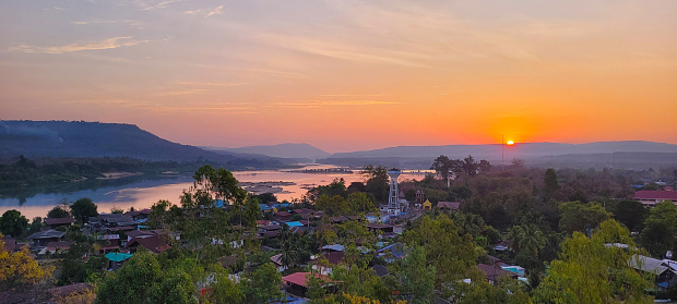 Khong river view  from the top of  buddhist temple.