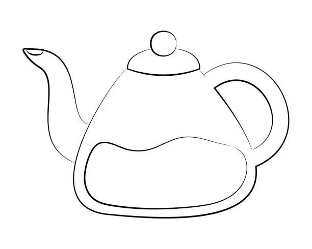 Vector illustration of Sketch glass Teapot with tea. Kettle. Contour dishes with liquid. Kitchen utensils. Brewing tea. Simple Pencil Drawing