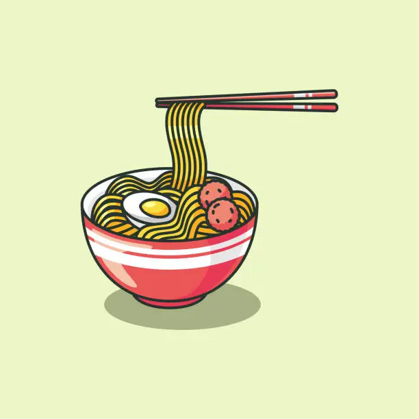 Vector illustration of Illustration of a bowl of noodles with egg and meatballs in vector.