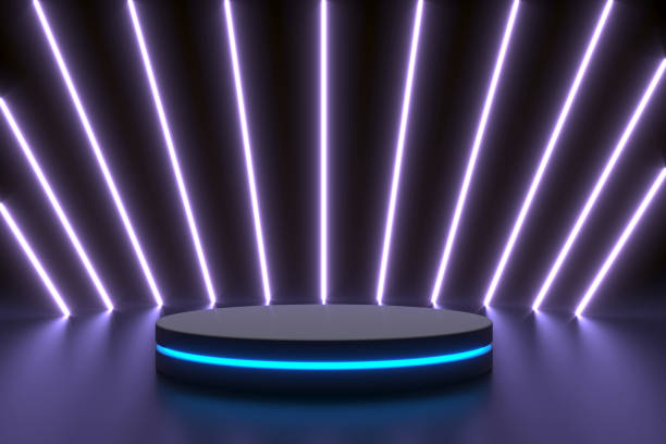 istock Round shape pedestal podium product display with neon lights in background. 3D rendered. 2017279118