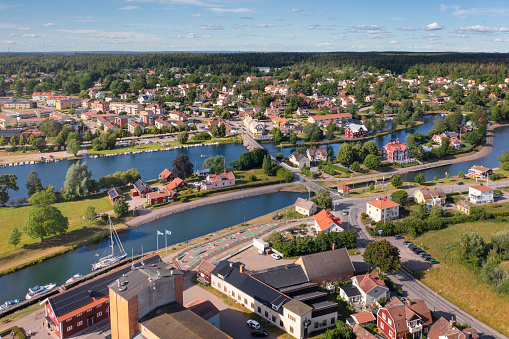 Aerial view of the small town Borensberg on Göta canal, a tourist destination in the Östergötland province of Sweden.