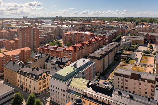Streets and apartment buildings in central Norrköping in the Östergötland county on a summer day.