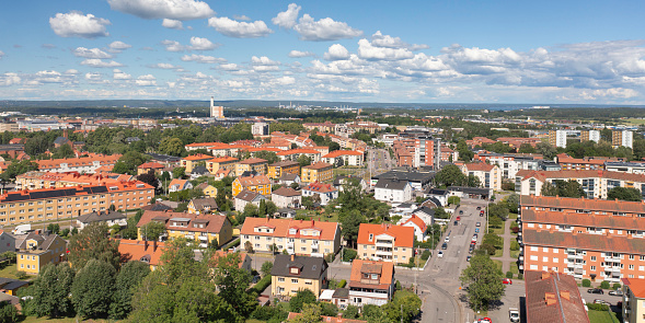 Aerial view of a residential area in southern Norrköping in the Östergötland county on a summer day.