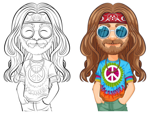 Colorful hippie with peace symbol and tie-dye shirt.