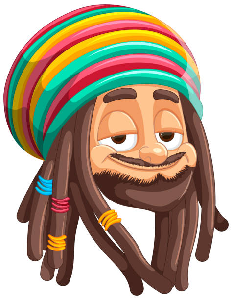 lächelnder charakter mit leuchtendem rastafari-hut. - bob marley stock-grafiken, -clipart, -cartoons und -symbole