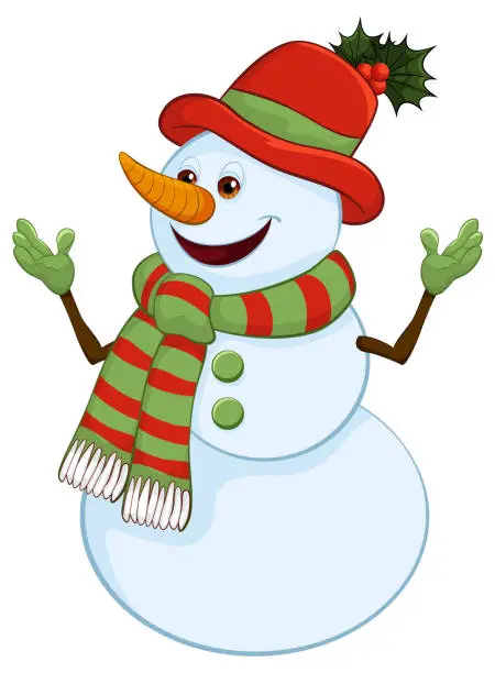 Vector illustration of Smiling snowman with festive hat and scarf.