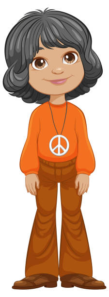 ilustrações, clipart, desenhos animados e ícones de menina dos desenhos animados com colar de sinal de paz sorrindo. - peace sign