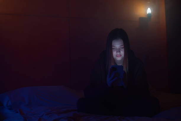 istock Girl in the twilight sits on a bed with a phone 2017297110