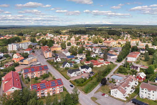 Aerial view of the town Tibro in the Västergötland province of Sweden on a summer day.
