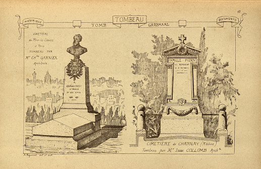 Vintage illustration Funerary architecture, Tombs, Gravestones, History of architecture, decoration and design, art, French, Victorian, 19th Century