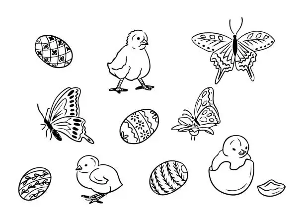 Vector illustration of Outline hand drawn doodle set with chicks