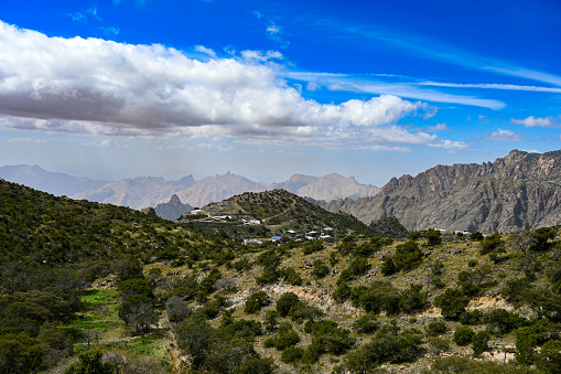 An aesthetic view of Mountains under the blue sky from Mount Daka, Taif, Suadi Arabia.Jabal Dakkā or 