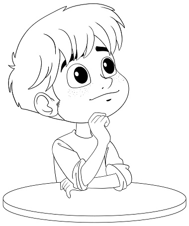 Cartoon boy pondering with a curious expression.