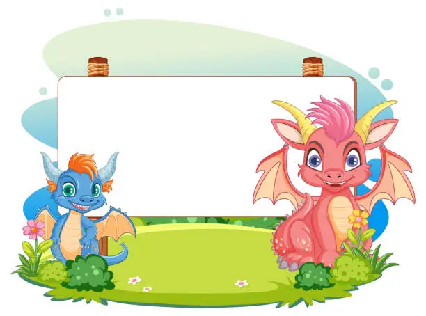 Vector illustration of Two cartoon dragons beside an empty sign