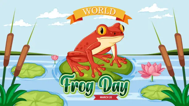 Vector illustration of Colorful frog on lily pad with World Frog Day banner