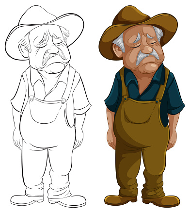 Cartoon of a sad elderly farmer in overalls