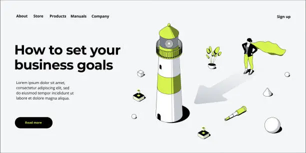 Vector illustration of Business vision and mission vector illustration in isometric design. Strategy and corporate goal concept with lighthouse and running female. Web banner layout.