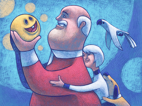 digital painting / raster illustration of senior man holding smiley icon with wife and pets