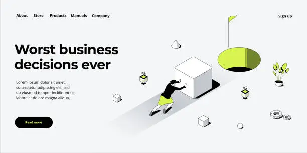 Vector illustration of Making bad business decision. Vector illustration in isometric design. Mismatch strategy and corporate goal concept with strong businesswoman pushing load. Web banner layout.