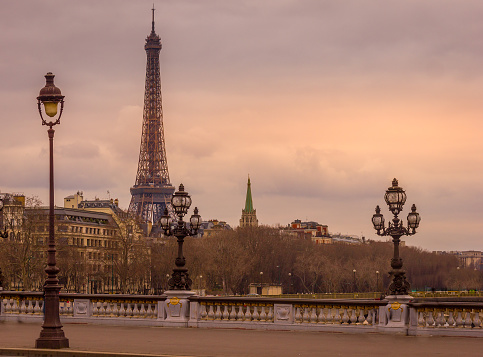 Sunset from the  Alexandre III bridge with the Eiffel Tower in the background, Paris, France