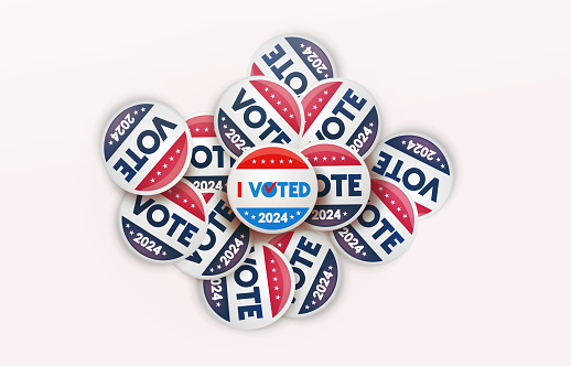 Presidential election 2024, vector vote buttons. I voted badge. Election day United States of America Vote day, November 5. Election voting poster Vote 2024 in USA.