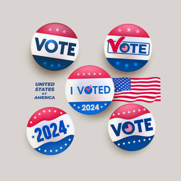 ilustraciones, imágenes clip art, dibujos animados e iconos de stock de presidential election 2024 , red, blue vote vector button set. collection of vote, badges in american style, color and design. badge isolated on white background. vector illustration. - president fourth of july campaign button american flag