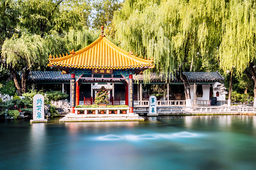 Ancient pavilions and lotus flowers - the scenery of Nanhu Park in Changchun, China in summer