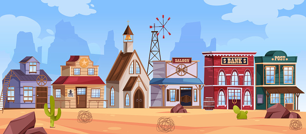 City skyline, western town with wooden houses and rustic architecture. Vector cartoon landscape with buildings, rocks and cacti, sand dunes and desert atmosphere, wild west location for game