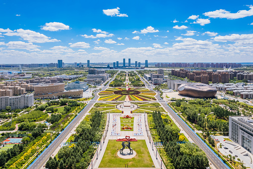 Aerial photo of Genghis Khan Square, Kangbashi, Ordos, Inner Mongolia, China