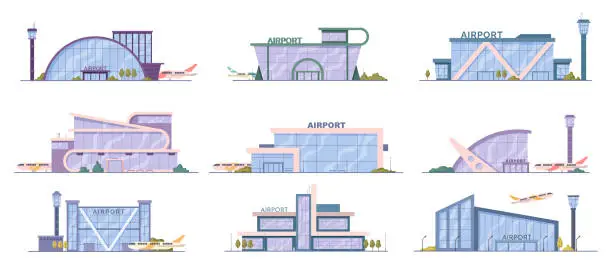 Vector illustration of Modern airports with planes for traveling and flights. Vector flat cartoon, isolated exterior buildings with panoramic windows, takeoff path or airfield with aircrafts and place for passengers