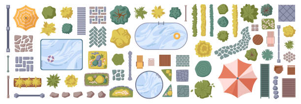 Decoration and objects for landscape design. Vector flat cartoon style, isolated pool and bushes, tile and bricks, umbrella for shade and plants for outdoors. Yard or garden decor for outside Decoration and objects for landscape design. Vector flat cartoon style, isolated pool and bushes, tile and bricks, umbrella for shade and plants for outdoors. Yard or garden decor for outside ground plan stock illustrations
