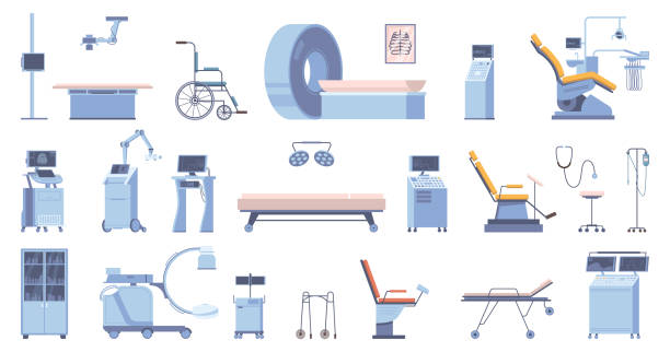 ilustrações de stock, clip art, desenhos animados e ícones de healthcare hospital clinic medical equipment for checkup. vector flat cartoon style, isolated devices for diagnostics. stethoscope and electrocardiograph, dental chair and wheel for patient - brain mri scanner mri scan medical scan