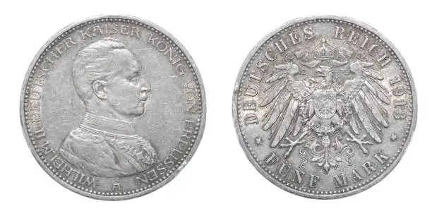 Photo of Wilhelm II Deutscher Kaiser Konig Von Preussen Bust of the king right 1913 Deutsches Reich 5 funf Mark authentic coin, front obverse and back sides isolated on white background