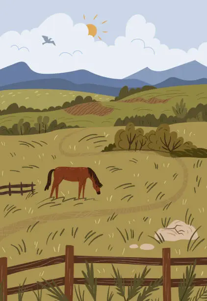 Vector illustration of Landscape of steppe with horse and fence, mountains and sun in cloudy sky. Vector illustration of mustang on pasture, meadow with green grass, mane in nature conversation