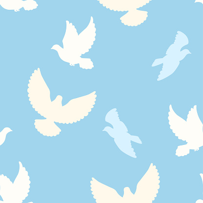 Flying doves seamless pattern. Vector background with white silhouettes of pigeons on blue.