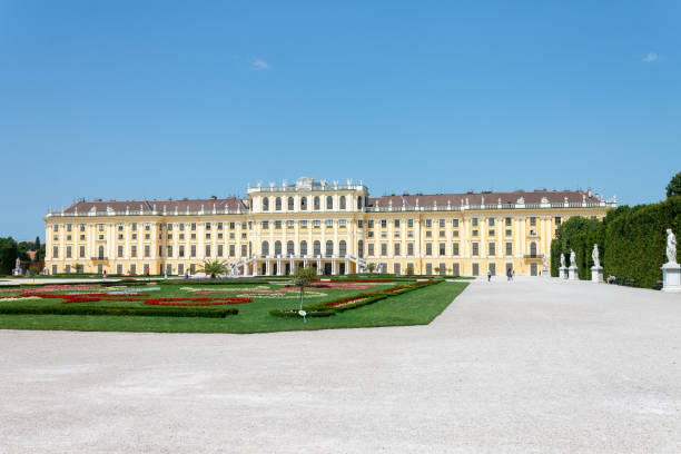 The symmetric gardens and the facade of the summer Schönbrunn palace in Vienna, Austria.