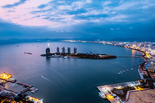 Night View of Phoenix Island and Urban Skyline in Sanya Bay, Hainan, China